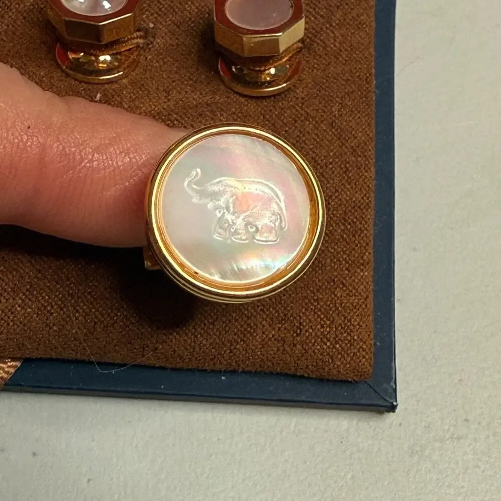 Banana Republic Cufflink Stud Set Mother of Pearl Style‎ Gold Tone Elephant